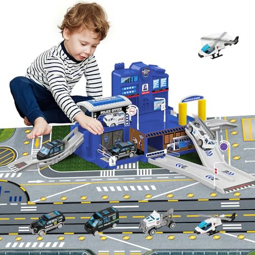deAO Stazione di Polizia della Città, Giocattolo da Costruzione con Edificio per Uffici, Veicoli della Polizia, Elicottero, Camion, con della Polizia, Regalo per Bambini e Bambine dai 6 Anni in su