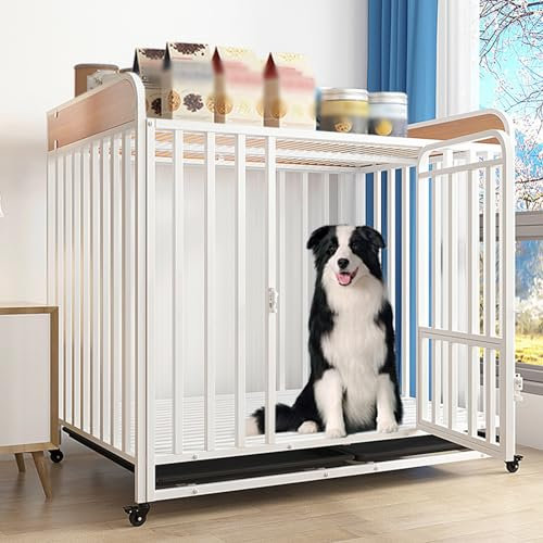 PJDDP Große Hundebox-Möbel Mit Rädern, Aufbewahrungstisch, Abnehmbarem Tablett, Doppeltüren, Für Den Innen- Und Außenbereich, Für Mittelgroße Und Große Hunde,Weiß,L