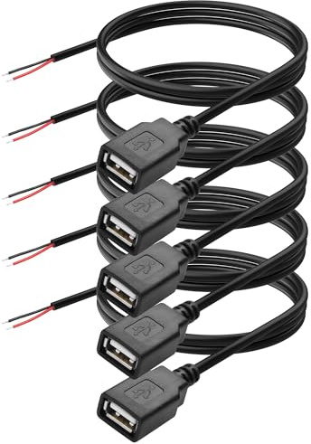 YAODHAOD USB A to bare cable, pack of 5, 1 m, 22 AWG, 5 V, 3 A, for power and data transmission, pigtail, repair box on the tail, cable, DIY (power cable 22AWG, USB A socket)