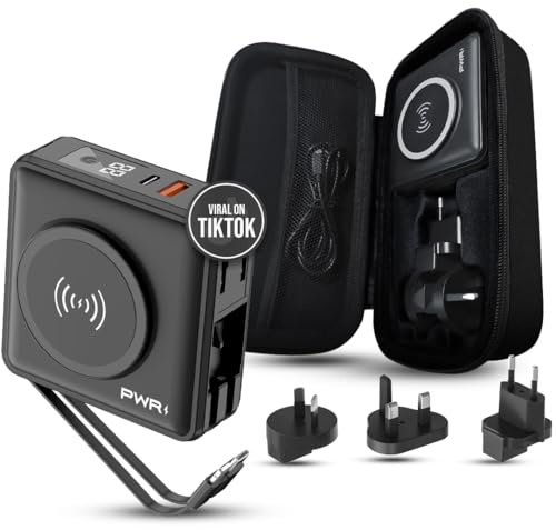 PWR Travel PRO 5 in 1 Portable Charger 10000mAh Battery Fast Charge 20W 15W Wireless Case Included Lightning Compatible / Type C Charger