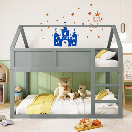 Lexiou Etagen-Kinderbett, 90x200 cm, niedriges Etagen-Einzelbett, Hochbett mit Treppe, Massivholzrahmen (Grau)