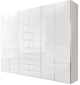 WIEMANN Drehtürenschrank mit 5 Schubkästen hochwertiger Kleiderschrank Schlafzimmerschrank 300cm breit, mit Schubladen, Glas Weiß, Höhe 236cm, Shanghai