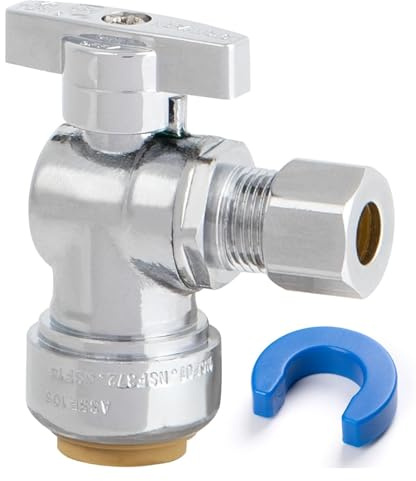 JUWO 1/2 x 3/8 OD Compression Angle Stop Valve, Sink Shut Off Valve for PEX, Copper, CPVC Pipe and Water Line, Quarter-Turn Push to Connect Brass Plumbing Fitting with Disconnect Clip(1 Pack)