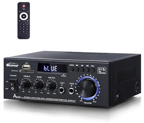 AK45Pro - Amplificador de receptores estéreo para el hogar con Bluetooth 5.3, amplificador de potencia de 2.0 canales con USB, SD, RCA, FM, 2 micrófonos para altavoces de cine en casa, karaoke,