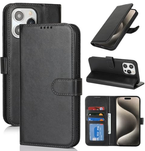 Zouzt Hülle für iPhone 15 Pro Max (6,7), Premium PU Leder, Schwarz | Handyhülle mit Kartenfächern, Magnet Klapp Schutzhülle, Stoßfeste TPU-Innenhülle, Frauen Männer, Leather Wallet Phone Case