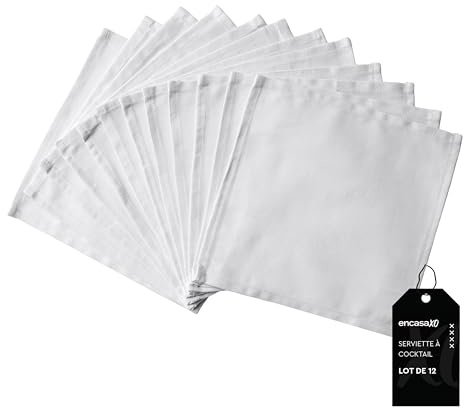 Encasa XO Stoffservietten, Cocktail, Baumwolle 23x23 cm | Weiß, Saugfähig | Waschbar, Wiederverwendbar | Gastronomie, Bar, Feiern | 12er Set