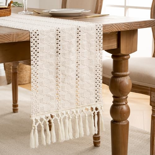 Tischläufer Beige Boho Tischdecke Baumwollleinen mit Quasten Waschbar Tischläufer Herbst Bauernhaus Gewebt Tisch Läufer 30X180cm für Küche Vintage Böhmische Hochzeit Tabletop Dekor