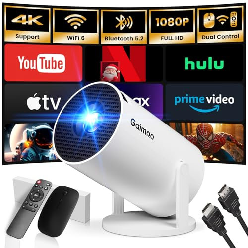 Mini Beamer, 4K FHD 1080P 180°Dreh Tragbarer Projektor, Klein Videoprojektor Unterstützt 2.4/5G Dual WiFi und Bluetooth 5.0, mit Android und IOS 11.0 Heimkino Smart Beamer Doppelsteuerung mit Maus