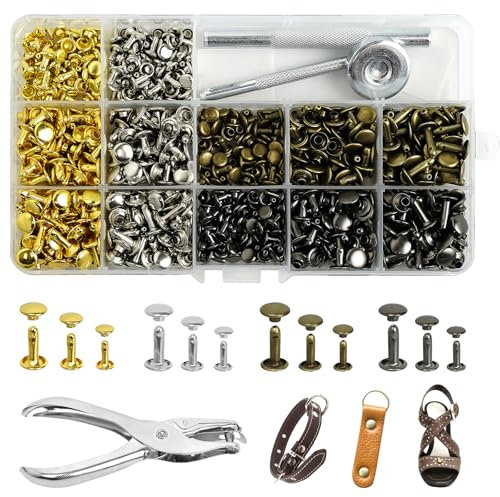 GOWTX 360 Set Doppelkappe Leder Nieten, Metall Hohlnieten, Röhrenförmige Nieten, Ersatz Handwerk Nieten mit Fixierung Werkzeug Einzellochstanze, Reparieren Schnellnieten für Kleidung Schuhe Taschen