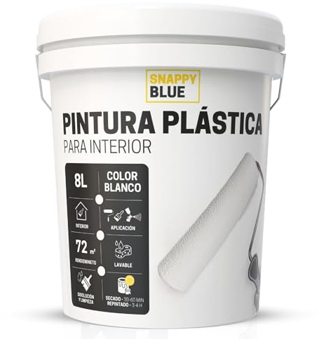 Snappy blue 8L Pintura Plastica Blanca Interior Lavable de aspecto Mate | Pintura Blanca Interior para Múltiples Superficies con Alta Transpirabilidad