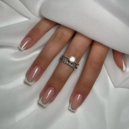 Virellay 24 Pcs Long Künstliche Nägel Zum Aufkleben mit French mit Silber Glitzer, Press on Nails Square, Französischer mit Silber Glitzer Square Nail Tips, Square Fake Nägel für Frauen
