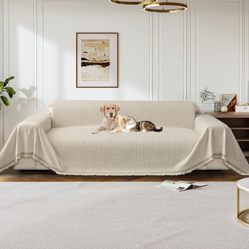 GKXLH Soft Chenille Non-slip Sofa Cover (Beige White, 180x340cm/3 Seater) | Sofa Covers 1 2 3 4 Seater, Love Seat Sofa Slipcovers Washable, Pet Couch Covers Furniture Protector for Living Room