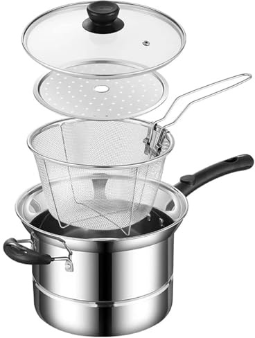 22cm Deep Fat Fryer Set, Multifunctional Stainless Steel Chip Pan Fryer, Wire Basket, Steamed Slices & Lid Set, Round Fryer Basket DEEP Wire Strainer with Handle