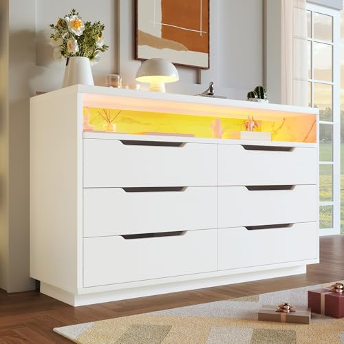 Merax Kommode weiß mit 6 Schubladen, 120cm breit Sideboard mit LED-Beleuchtung, Offenes Ablagefach, modernes Kommodenschrank für Schlafzimmer Wohnzimmer Flur, Mehrzweckschrank aus Holz, Laufschienen