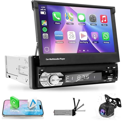 LEXXSON Radio para Coche 1 DIN con Pantalla táctil de 7 Pulgadas con Pantalla retráctil, CarPlay, Android Auto, cámara de visión Trasera, Bluetooth, Control del Volante, Radio FM, USB-C, AUX, TF