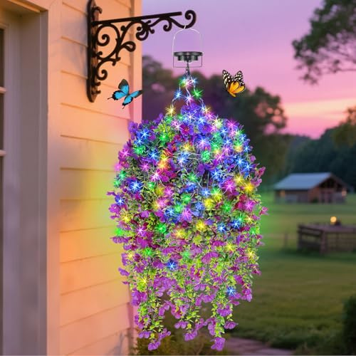 NEWNEN Artificial Flowers with Hanging Basket Lights: 7Pcs Violet Solar Hanging Basket Fake Flowers with RGB Solar String Light - DIY UV-Resistant Fake Flowers for Outdoor Home Wedding Patio Yard
