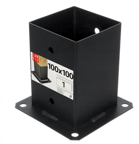 LUN FIX Pfostenträger 100x100 mm, Bodenhülse Schwarz, Pfostenverbinder | Aufschraubhülse Zum Aufschrauben, Pfostenschuh Und Pfostenanker Für Holzpfosten, Mit Ankerplatte Aus Verzinktem Stahl, 2 mm