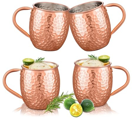 UNISWEET Moscow Mule Mugs Copper Cups Set of 4 Copper Mugs with 304 Stainless Steel Lining,Perfect For Wine, Beer, Cold Drink, Bar, Party, Gifts