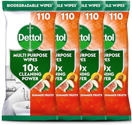 Dettol Antibacterial Multipurpose Disinfectant Wipes, Summer Fruit Scent, 4 Pack of 110 (Total 440), Germ Protection, Surface Cleaner, Hygienic, Convenient, Fresh Fragrance