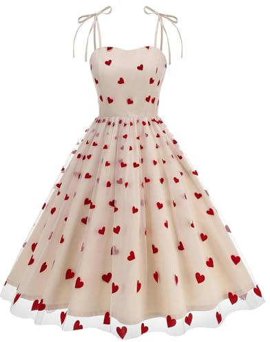 Beige 1950s Dresses for Women - Elegant, Heart Print, A Line, Mesh, Tulle, Sleeveless, Spaghetti Strap, Swing, Vintage, Cocktail, Party, Wedding Guest Dress