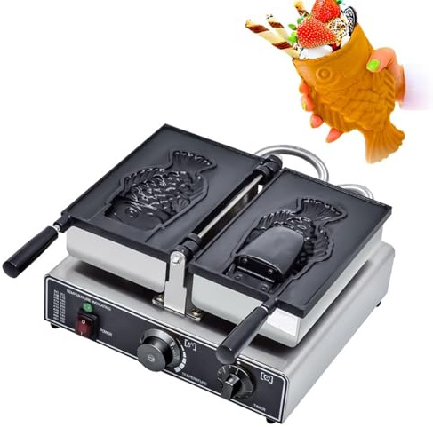 Taiyaki Waffle Maker, 1600W Stainless Steel Commercial Ice Cream Machine with Temperature Control & Timer for Restaurants and Snack Bars