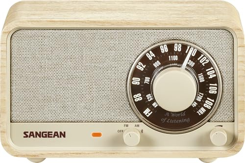 SANGEAN WR-8 - Radio portátil vintage con altavoz Bluetooth, recepción FM, batería integrada, carcasa de madera auténtica, nogal vintage (roble blanco)
