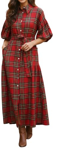 Barbotimer Women Christmas Red Plaid Maxi Dress Fall Puff Sleeve Collared Button Bow Tie Waist Long Dress Gingham Holiday Dress(Puff Sleeve Red,Large)