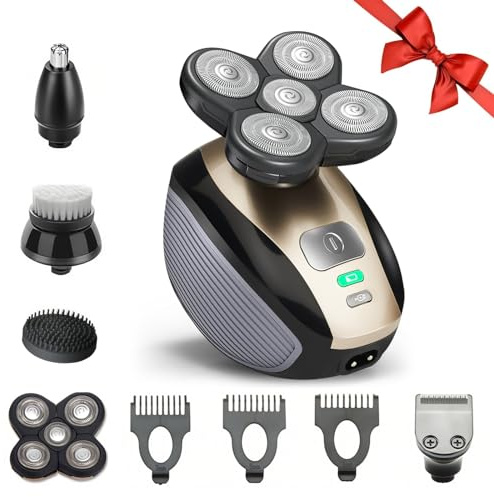 Hugdew 5 in 1 Head Shavers for Bald Men, Skull Head Shaver with Rechargeable Battery, Electric Razor, Hair Clippers, Nose Hair Trimmer, Cleaning Brush, Hair Manager, Idea Gift for Men(Brown)