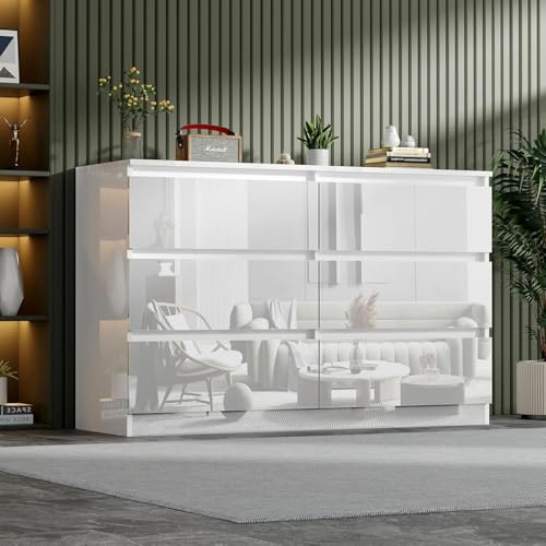 LSLIFE Weiße Schwarz Kommode mit 6/7/8 Schubladen Hochglanz Schlafzimmerschrank Nachttisch Sideboard Stauraum Möbel für Wohnzimmer Büro Flur (6 Schubladen weiß)