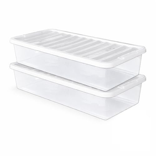 ELMORA'Z 2 x Under Bed Storage Box with Lid 43 Litre Clear Plastic Storage Container Nestable Multipurpose Organiser Stackable Space Saving Solution for Home Garage Art And Craft Clothes (Pack of 2)