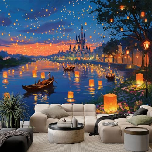 Azul Fondo de Pantalla PanoráMica 3d, Ensoñador Castillo Montaña Plantas Fotomurales Mural 250 x 175 cm (An x Al) – Decoración de Pared Para Sala Cuarto Oficina y Salón