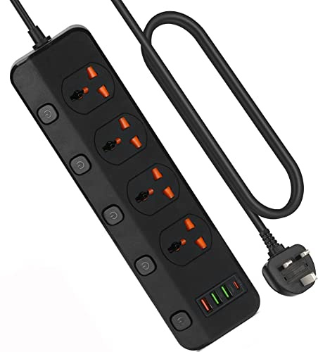 3M/9.84FT Extension Lead 4 AC Way With Fast Charger 1 Type-C + 3 USB Slots(5V 4.2A),2500W 13Amp UK Plug Power,Protected Extension Cord,Power Strip for Home Office (Black_1)