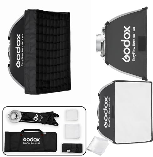GODOX Softbox Godox EazyFlow Rect 40 x 40 cm Softbox quadrato, 15,6 x 15,6, modificatore portatile a piegatura rapida con griglia, supporto Bowens per flash da studio e luce video a LED, per
