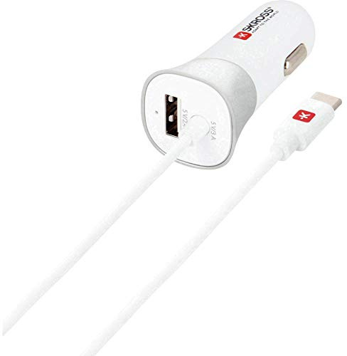 Skross USB Car Charger with Type C Connector (2.0), Type C Connector for Faster Charging, Simultaneous Charging for Two Devices, Designed in Switzerland, 2.900618 White