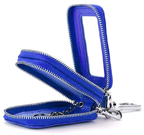 BAKUN Two-Sides Mini Genuine Leather Car Key Chain Holder Wallet Case, Key Holder Key Organizer Wallet(Blue)
