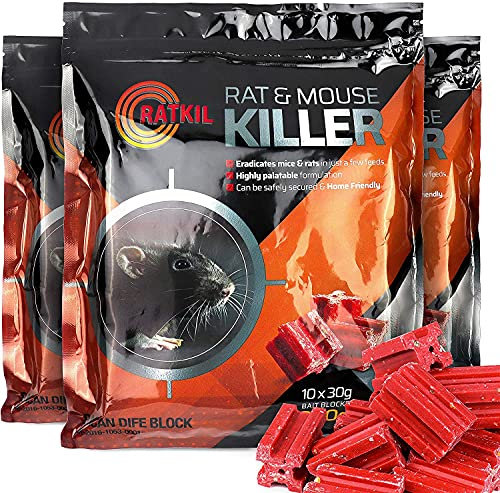 RatKil Rat Poison 900g Rat And Mouse Killer Bait Blocks - Professional Strength Difenacoum - Fast Acting Poison For Amateur Pest Control | Weatherproof And Home Friendly! (3 Packs)