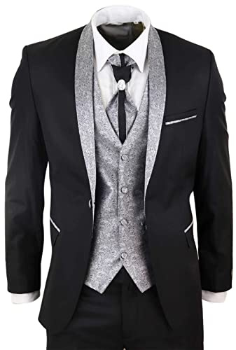TruClothing.com Herrenanzug 4 Teilig Schwarz Hochzeit Party Design Vintage Silber