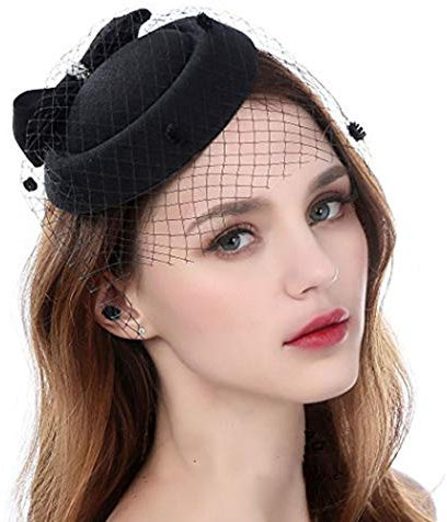 Bohend 1920er Jahre Perlen Schleier Gittergewebe Stirnband Schwarz Fascinator Haarklammer Bunker Hut Hochzeit Party oben Tee Hut zum Frauen und Mädchen (Schwarz)