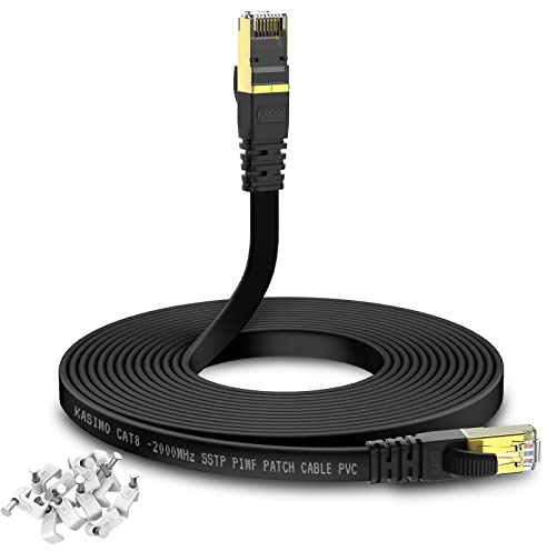 KASIMO Cable Ethernet 30 metros Cat 8, Cable de red plano 40 Gbps / 2000 MHz, SFTP Cable Internet Con Conector RJ45 Enchapado en Oro, Negro
