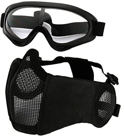 Hodeacc Airsoft-Maske und Brille, Halbgesichtsmaske aus Metallgeflecht, mit Ohrenschutz, Airsoft-Brille, Augenschutz für Outdoor-Jagd, CS-Spiel