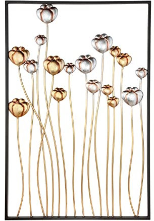 GILDE Wandrelief Blume Blumen antik Silber-/goldfarben, Rahmen braun H: 90 cm B: 60 cm T: 1 cm 67483