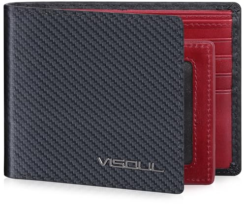 VISOUL Cartera para Hombre Piel Genuina Billetera Hombre de Cuero de Tarjetero con Protección RFID Carteras Bifold para Hombres Joven Monedero de Cuero con 12 Ranuras para Tarjetas (Carbono+Rojo)