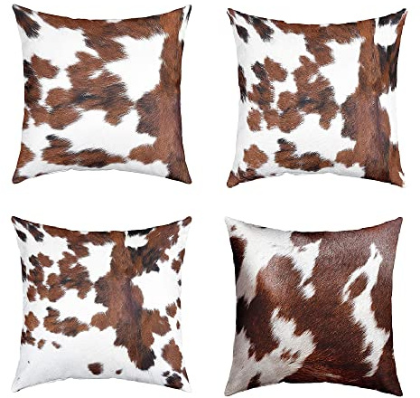 Set de 4 housses de coussin en peau de vache 40x40, décoration western pour la maison, housses de coussin décoratives en peau de vache brun blanc noir, housses de coussin de ferme animal cowboy pour