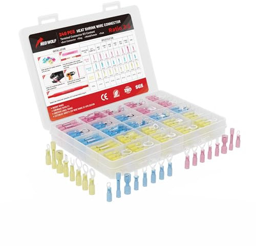 RED WOLF 240PC Heat Shrink Wire Connector Butt Kit, Wiring Insulated Ring Fork Spade Crimp Terminal to Joint Splice Cable for Automotive Industrial Waterproof, 10-12 14-16 16-22 AWG