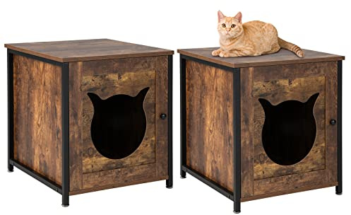 COSTWAY 2 Pack Katzenschrank, Katzenklo Schrank, Katzentoilette mit Tür & Eingang, Katzenhaus Beistelltisch Holz, Katzenhöhle für kleine und mittlere Katzen, vintagebraun, 50 x 53 x 55 cm