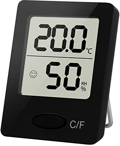 Digital Room Thermometer, Indoor Hygrometer Accurate Humidity Meter with Temperature Humidity Sensor and Face Icon Comfort Indicator for Bedroom, Baby Room, Warehouse, Cellar, Car - Black