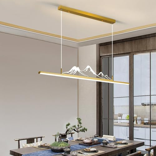 Moderne LED Pendelleuchte esstisch Dimmbar Kreative Mode Hängeleuchte Esszimmerlampe Linear Design Pendellampe Büro Kronleuchter mit Fernbedienung Hängelampe Küchen Esstischlampe (Gold, L100cm)