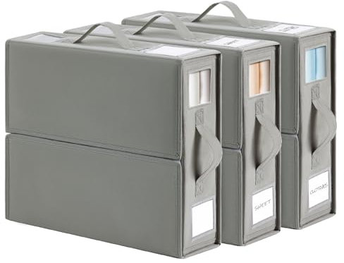 Bedding Storage Foldable Bed Sheet Organiser, 3 Pack Underbed Storage Box with Zip for Queen/King Sheets with Handle and Clear Tab Bag for Duvet Covers, Pillow Cases, Blanket, Clothes, Wardrobe