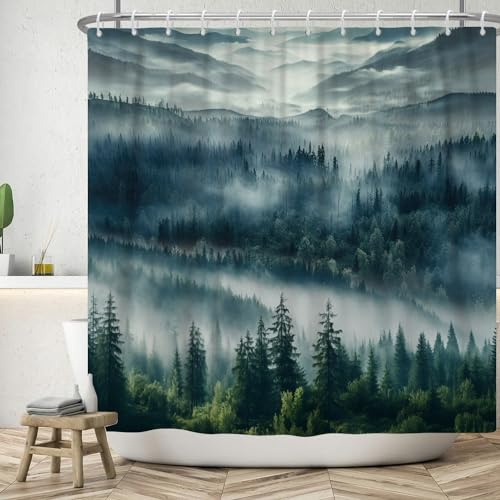 ASDCXZ Wald Duschvorhang 180x180 cm, Naturlandschaft Blau Grün Nebel Wald Dschungel Berggipfel Wolke Bad Waschbar Duschvorhänge Polyester Textil Wasserdicht Badevorhang für Badewanne mit 12 Haken