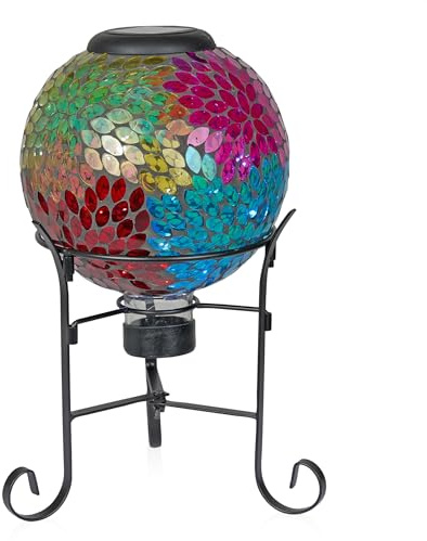 Alpine Corporation 8 Diameter Outdoor Solar Leaf Mosaic Gazing Globe with Metal Stand, Gazing Balls Yard Decor, 14 H - Multicolor